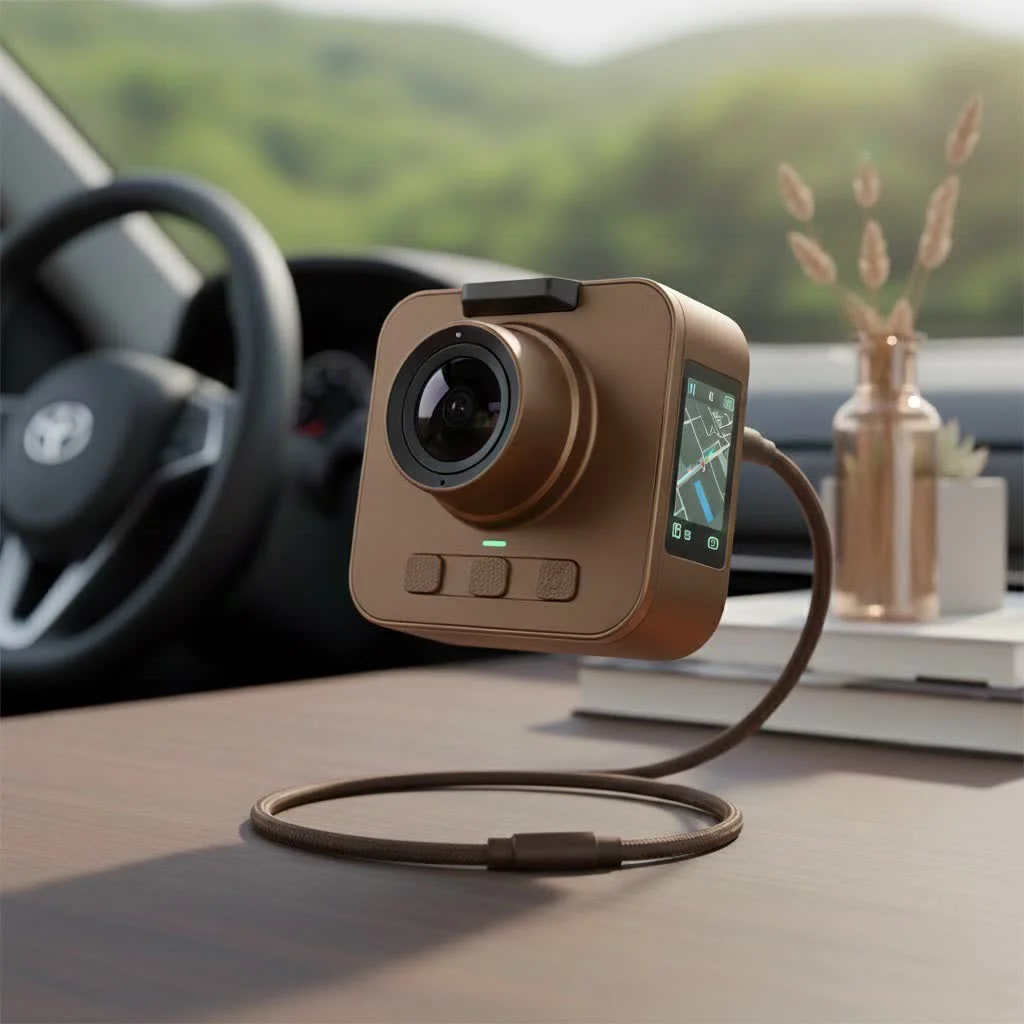 Modern 1080p dash cam mounted on a car windshield