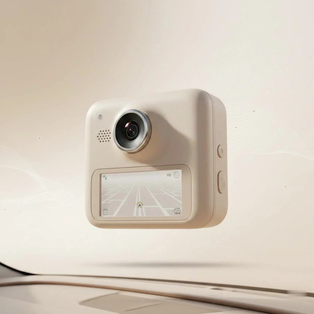 Fitcamx 4K dash cam installed behind a rearview mirror