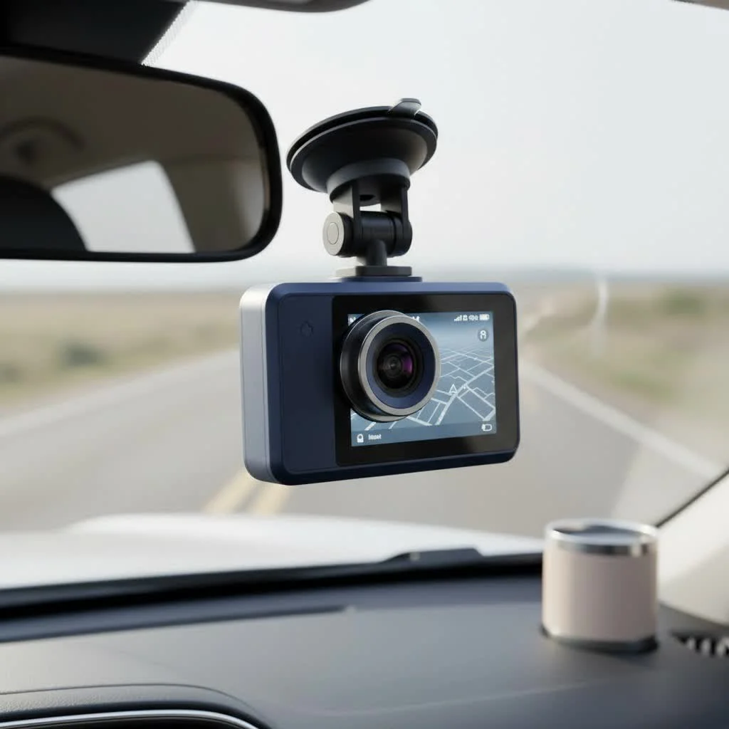 Rear view dash cam mounted inside a car's rear window