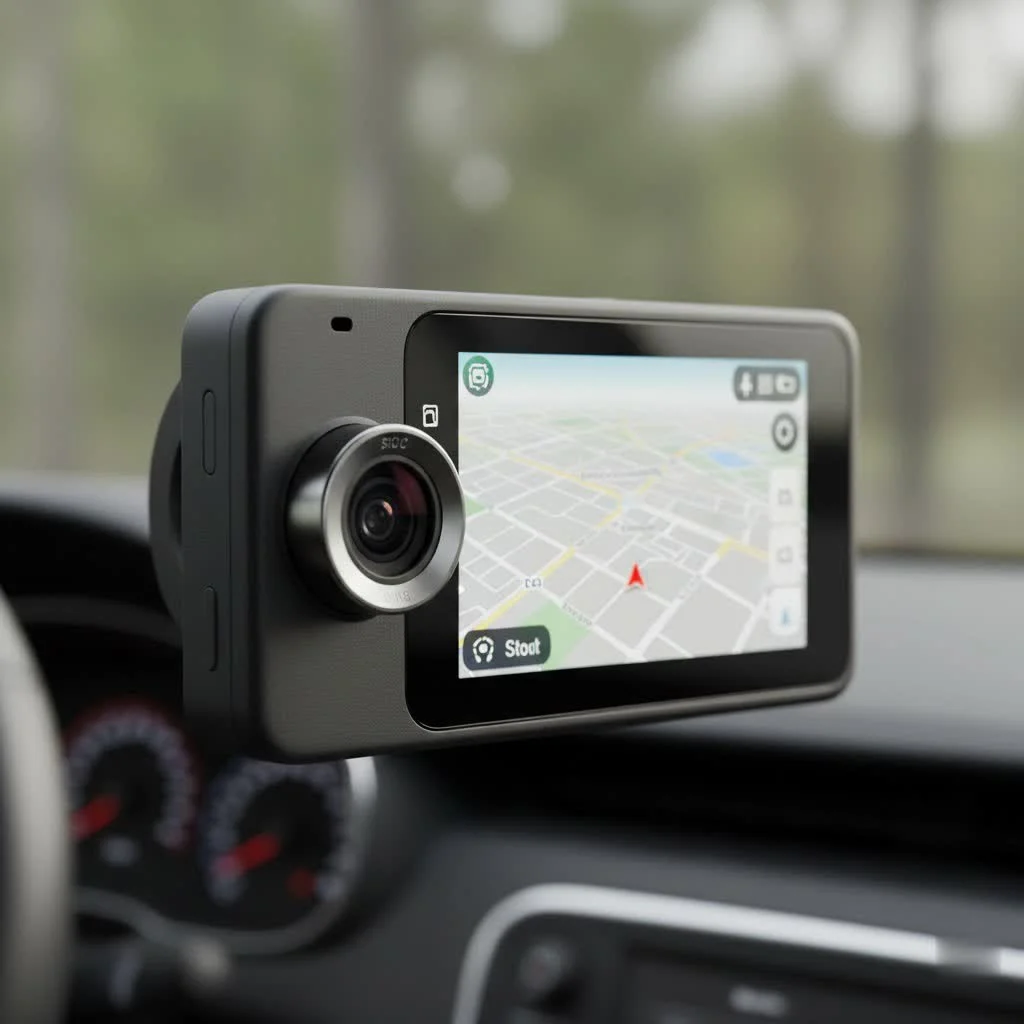 Dash cam mounted on a car windshield, recording the road ahead