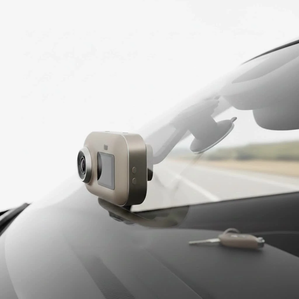 Dash cam camera mounted on a car windshield