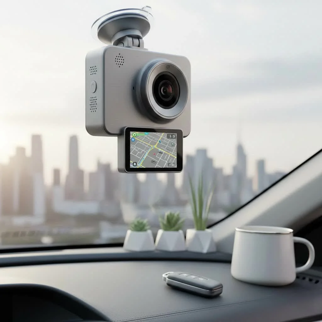 Compact dash cam discreetly mounted behind a rearview mirror